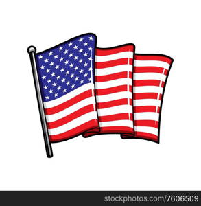 USA flag on flagpole isolated heraldic vector icon. Waving folded canvas with red stripes and white stars on blue field. United States of America national symbol on vertical stick, american USA flag. USA flag on flagpole isolated vector icon