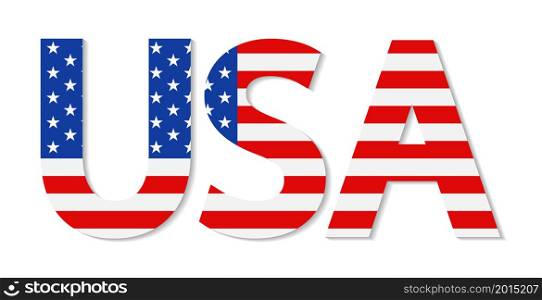 Usa flag on word. Logo with text and usa flag. Icon for american made, patriotic, 4th july and travel. Graphic font on america banner. Design symbol of us. Vector.. Usa flag on word. Logo with text and usa flag. Icon for american made, patriotic, 4th july and travel. Graphic font on america banner. Design symbol of us. Vector