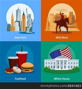 USA Flat 2x2 Icons Set. Colorful usa 2x2 flat icons set with new york wild west white house and american fastfood isolated vector illustration