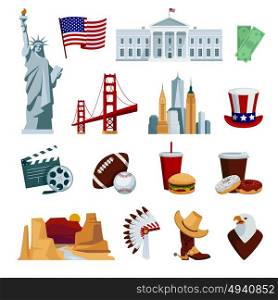 USA Flat Icons Set. Usa flat icons set with american national symbols and attractions isolated on white background vector illustration