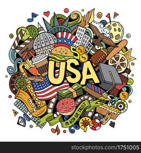 USA hand drawn cartoon doodle illustration. Funny American design. Creative art vector background. Handwritten text with elements and objects. Colorful composition. USA hand drawn cartoon doodle illustration.