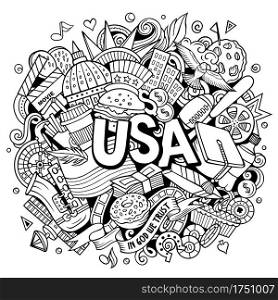 USA hand drawn cartoon doodle illustration. Funny American design. Creative art vector background. Handwritten text with elements and objects. USA hand drawn cartoon doodle illustration.