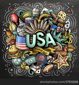 USA hand drawn cartoon doodle illustration. Funny American design. Creative art vector background. Handwritten text with elements and objects. Colorful composition. USA hand drawn cartoon doodle illustration.