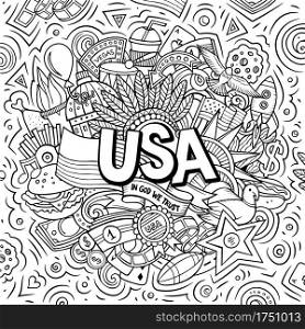 USA hand drawn cartoon doodle illustration. Funny American design. Creative art vector background. Handwritten text with elements and objects.. USA hand drawn cartoon doodle illustration.