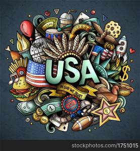 USA hand drawn cartoon doodle illustration. Funny American design. Creative art vector background. Handwritten text with elements and objects. Colorful composition. USA hand drawn cartoon doodle illustration.