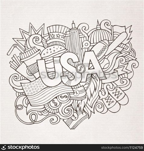 USA hand lettering and doodles elements and symbols background. Vector hand drawn sketchy illustration. USA hand lettering and doodles elements background