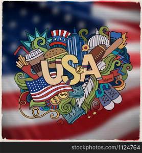 USA hand lettering and doodles elements and symbols emblem. Vector blurred flag background. USA hand lettering and doodles elements background