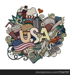 USA hand lettering and doodles elements background. Vector illustration. USA hand lettering and doodles elements background