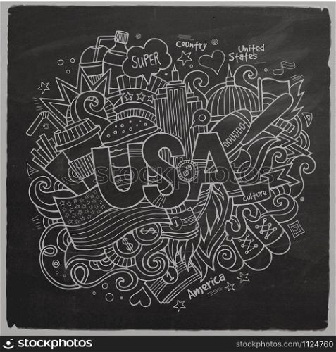 USA hand lettering and doodles elements background. Vector illustration