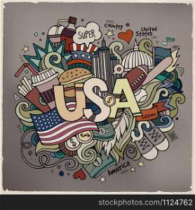 USA hand lettering and doodles elements background. Vector illustration