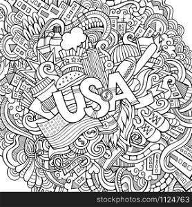 USA hand lettering and doodles elements background. Vector illustration. USA hand lettering and doodles elements background