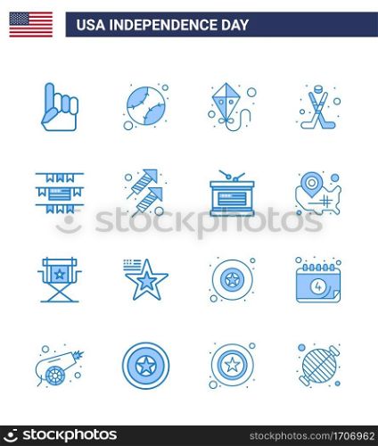 USA Happy Independence DayPictogram Set of 16 Simple Blues of american  buntings  kite  sport  hokey Editable USA Day Vector Design Elements