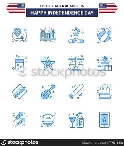 USA Happy Independence DayPictogram Set of 16 Simple Blues of ball; america; landmark; american; ice hockey Editable USA Day Vector Design Elements