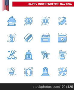 USA Happy Independence DayPictogram Set of 16 Simple Blues of chips  food  eagle  fast  sports Editable USA Day Vector Design Elements