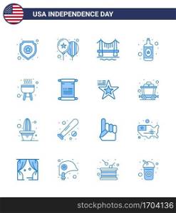 USA Happy Independence DayPictogram Set of 16 Simple Blues of cook  barbecue  bridge  wine  alcohol Editable USA Day Vector Design Elements