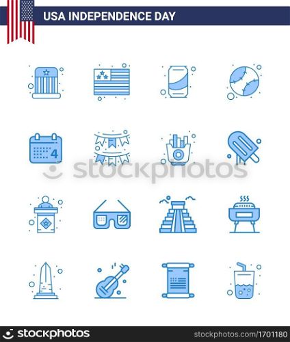 USA Happy Independence DayPictogram Set of 16 Simple Blues of date  calender  can  united  baseball Editable USA Day Vector Design Elements