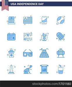 USA Happy Independence DayPictogram Set of 16 Simple Blues of date; calender; can; united; baseball Editable USA Day Vector Design Elements