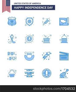 USA Happy Independence DayPictogram Set of 16 Simple Blues of hokey  usa  fire work  united  map Editable USA Day Vector Design Elements