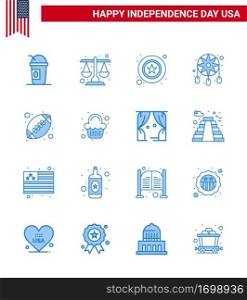 USA Happy Independence DayPictogram Set of 16 Simple Blues of rugby  western  men  dream catcher  adornment Editable USA Day Vector Design Elements