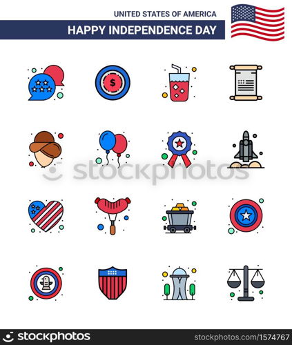 USA Happy Independence DayPictogram Set of 16 Simple Flat Filled Lines of hat; usa; drink; usa; text Editable USA Day Vector Design Elements