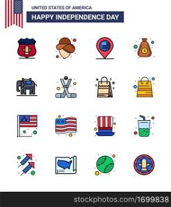 USA Happy Independence DayPictogram Set of 16 Simple Flat Filled Lines of usa  elephent  location  cash  money Editable USA Day Vector Design Elements