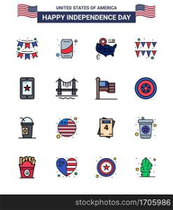 USA Happy Independence DayPictogram Set of 16 Simple Flat Filled Lines of cell; mobile; cola; paper; festival Editable USA Day Vector Design Elements