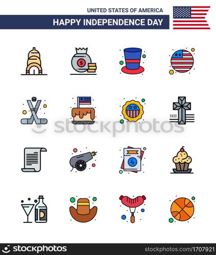 USA Happy Independence DayPictogram Set of 16 Simple Flat Filled Lines of american; ice hockey; cap; hockey; flag Editable USA Day Vector Design Elements