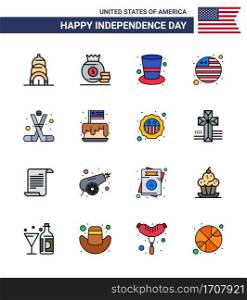 USA Happy Independence DayPictogram Set of 16 Simple Flat Filled Lines of american  ice hockey  cap  hockey  flag Editable USA Day Vector Design Elements