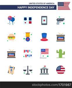 USA Happy Independence DayPictogram Set of 16 Simple Flats of fast food; weapon; mobile; army; gun Editable USA Day Vector Design Elements