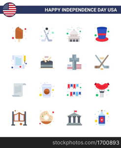 USA Happy Independence DayPictogram Set of 16 Simple Flats of paper  hat  building  cap  white Editable USA Day Vector Design Elements