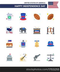 USA Happy Independence DayPictogram Set of 16 Simple Flats of usa  elephent  rugby  world  flag Editable USA Day Vector Design Elements