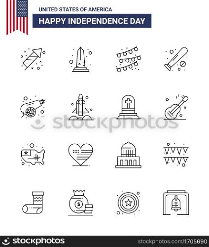 USA Happy Independence DayPictogram Set of 16 Simple Lines of army; sports; washington; bat; ball Editable USA Day Vector Design Elements