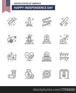 USA Happy Independence DayPictogram Set of 16 Simple Lines of army  sports  washington  bat  ball Editable USA Day Vector Design Elements