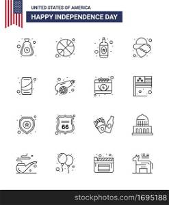 USA Happy Independence DayPictogram Set of 16 Simple Lines of cola  can  alcohol  beer  cowboy Editable USA Day Vector Design Elements