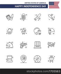 USA Happy Independence DayPictogram Set of 16 Simple Lines of grill  barbecue  bat  celebration  party Editable USA Day Vector Design Elements