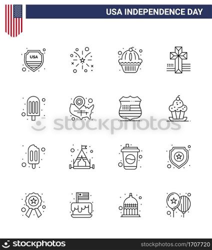 USA Happy Independence DayPictogram Set of 16 Simple Lines of ice cream  cream  american  church  american Editable USA Day Vector Design Elements