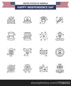 USA Happy Independence DayPictogram Set of 16 Simple Lines of magic hat  cap  native american  american  festival Editable USA Day Vector Design Elements