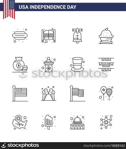 USA Happy Independence DayPictogram Set of 16 Simple Lines of thanksgiving; muffin; entrance; dessert; usa Editable USA Day Vector Design Elements