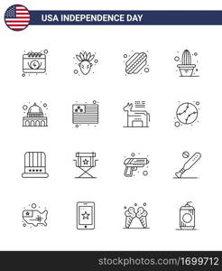 USA Happy Independence DayPictogram Set of 16 Simple Lines of wisconsin  madison  hotdog  capitol  plant Editable USA Day Vector Design Elements