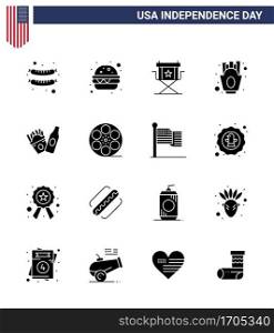 USA Happy Independence DayPictogram Set of 16 Simple Solid Glyphs of american; bottle; movies; food; french fries Editable USA Day Vector Design Elements