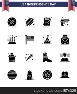 USA Happy Independence DayPictogram Set of 16 Simple Solid Glyphs of light; candle; love; weapon; security Editable USA Day Vector Design Elements