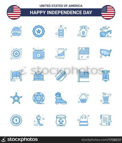 USA Happy Independence DayPictogram Set of 25 Simple Blues of american; smoke; bottle; pipe; fries Editable USA Day Vector Design Elements