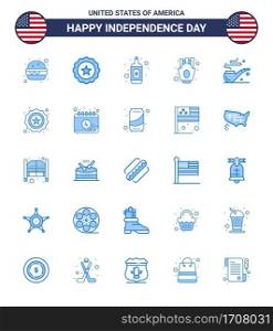 USA Happy Independence DayPictogram Set of 25 Simple Blues of american  smoke  bottle  pipe  fries Editable USA Day Vector Design Elements