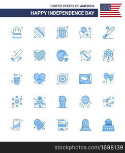 USA Happy Independence DayPictogram Set of 25 Simple Blues of bat  ball  investigating  location pin  usa Editable USA Day Vector Design Elements