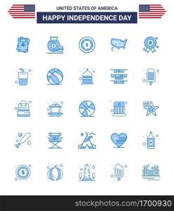 USA Happy Independence DayPictogram Set of 25 Simple Blues of medal; independece; dollar; holiday; united Editable USA Day Vector Design Elements