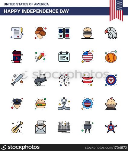USA Happy Independence DayPictogram Set of 25 Simple Flat Filled Lines of usa; bird; american; animal; american Editable USA Day Vector Design Elements