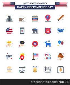 USA Happy Independence DayPictogram Set of 25 Simple Flats of bat; ball; holiday; sign; location Editable USA Day Vector Design Elements