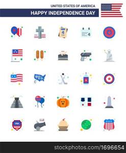 USA Happy Independence DayPictogram Set of 25 Simple Flats of medal  independece  love  holiday  date Editable USA Day Vector Design Elements
