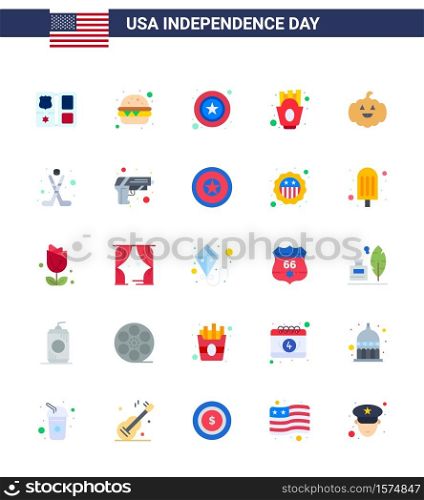USA Happy Independence DayPictogram Set of 25 Simple Flats of usa; pumkin; police; food; french fries Editable USA Day Vector Design Elements
