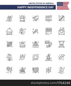 USA Happy Independence DayPictogram Set of 25 Simple Lines of cake  sports  american  rugby  garland Editable USA Day Vector Design Elements